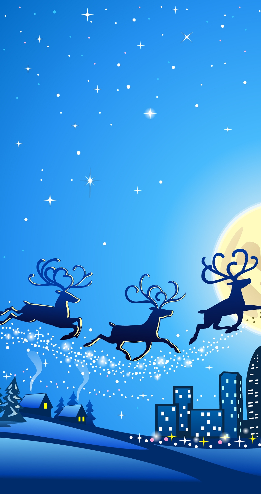 Image: Santa Claus, reindeer, sleigh, night, moon, winter, christmas, city, trees