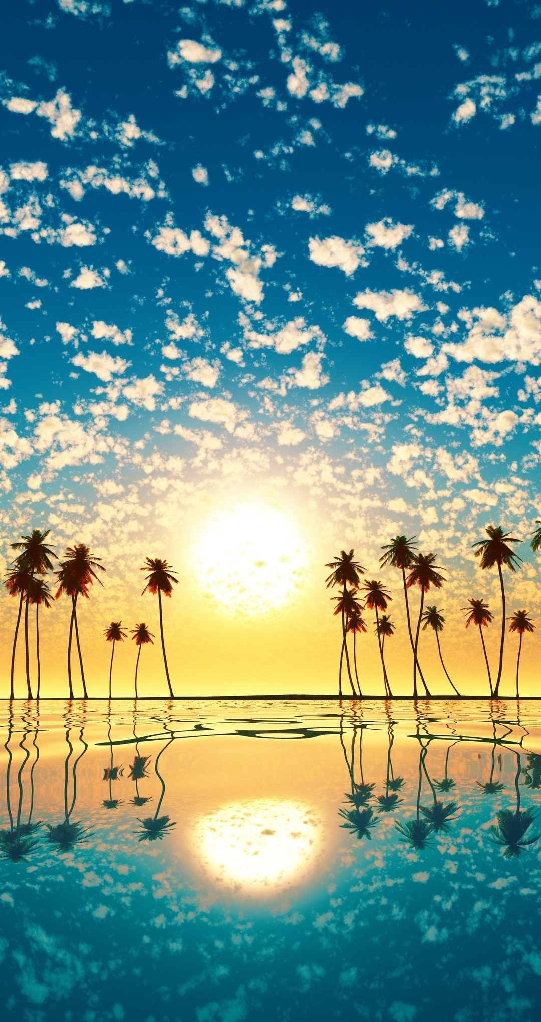 Image: Landscape, sunset, sun, sky, clouds, island, ocean, palm trees, water, reflection, horizon