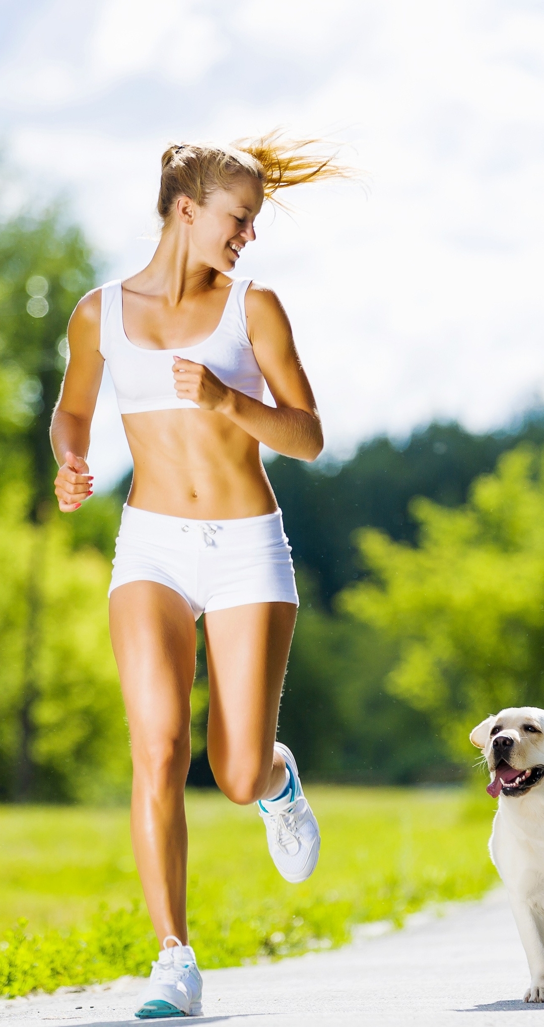 Картинка: Пробежка, бег, девушка, собака, деревья, парк, утро
