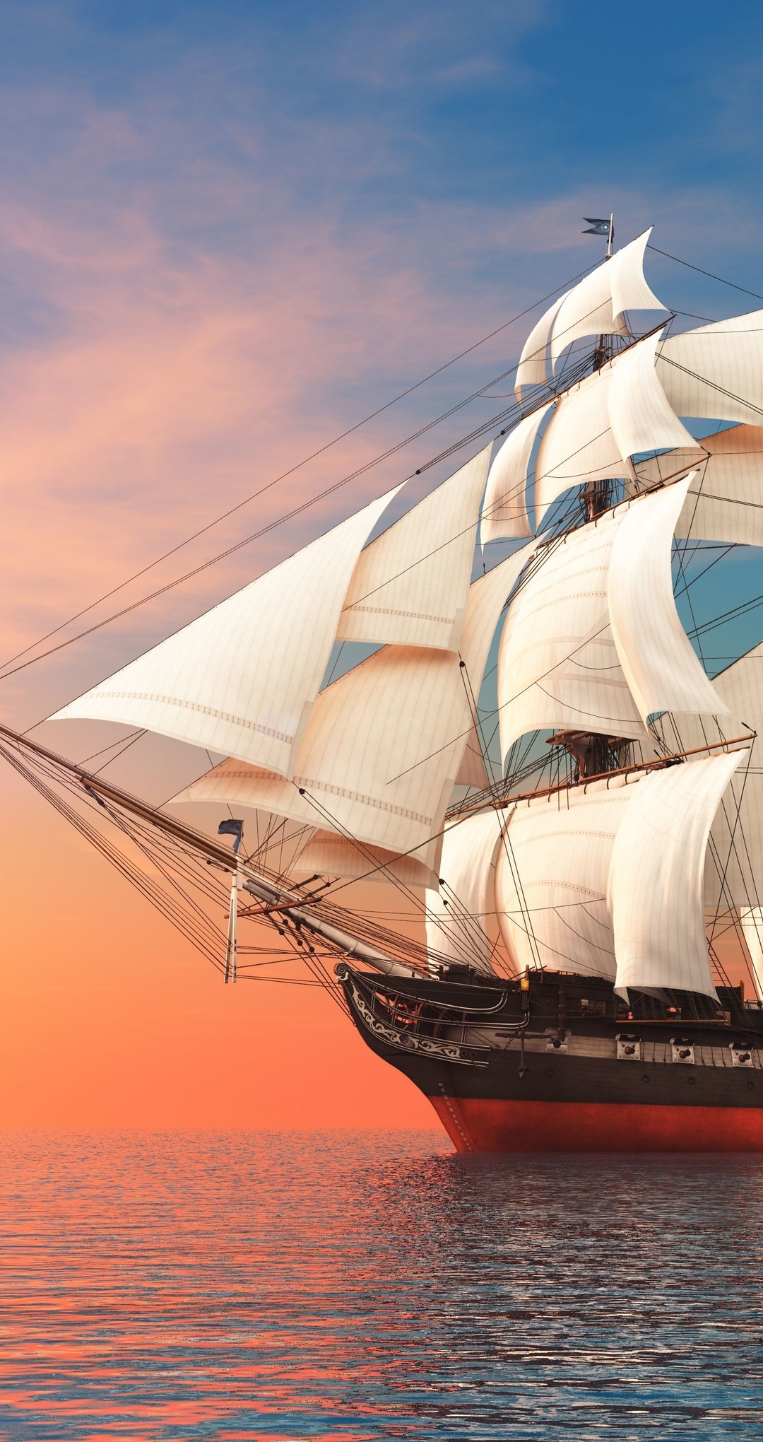 Image: Ship, sail, ocean, water, sky, sun