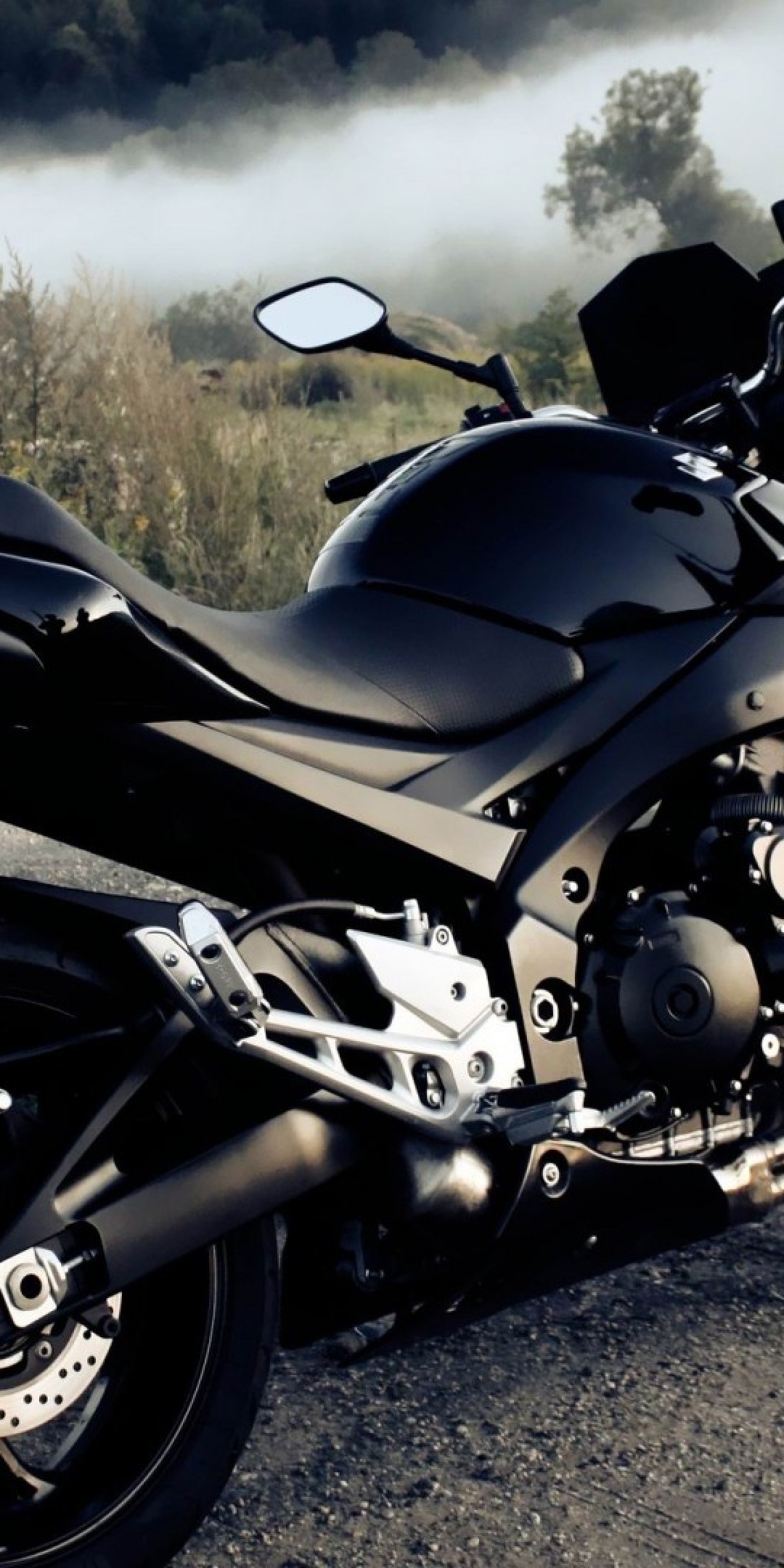 Image: Motorcycle, black bike, field, fog