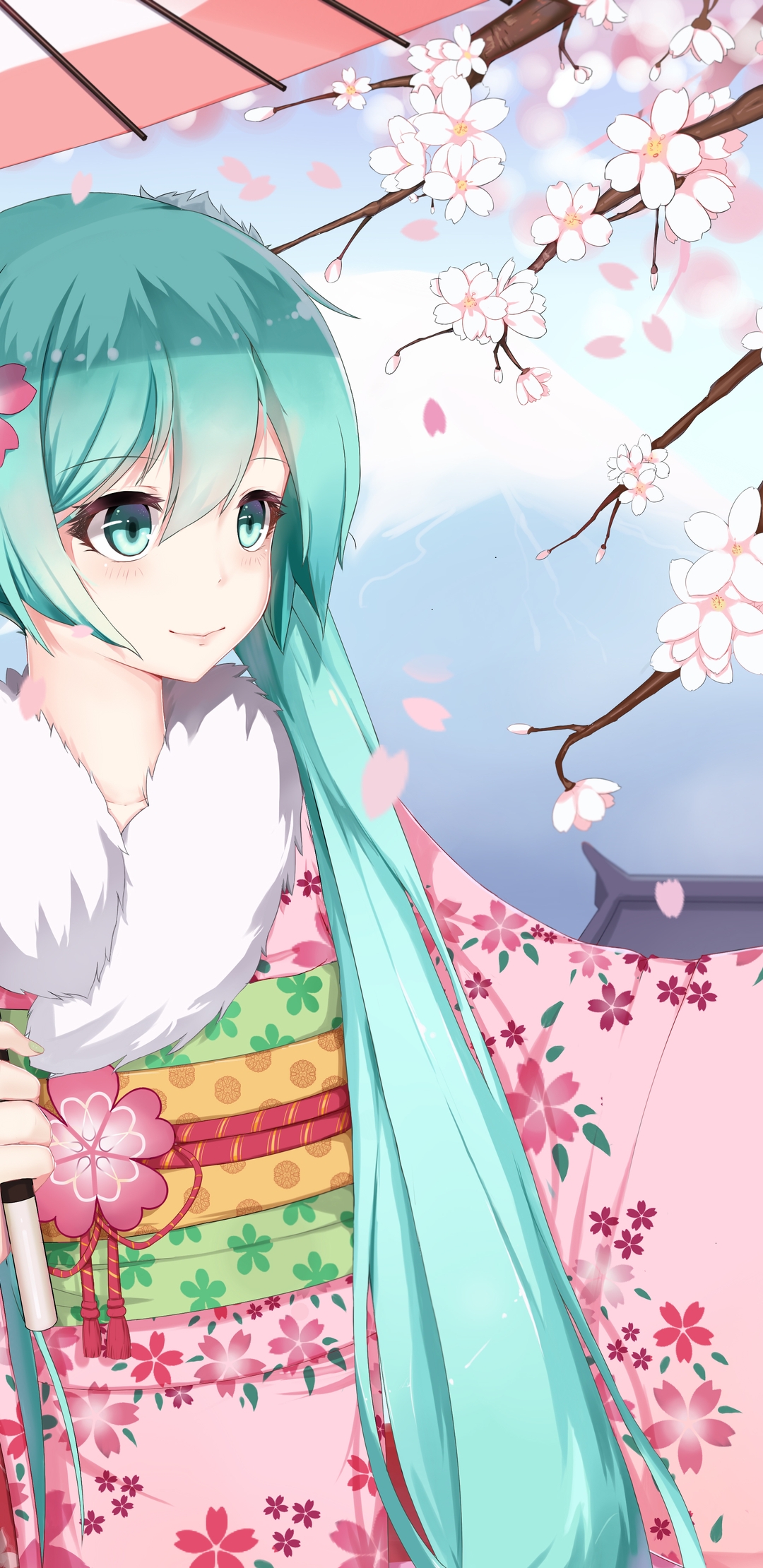 Картинка: Девушка, Hatsune Miku, цветущая, сакура, лепестки, кимоно, волосы, зонтик, vocaloid