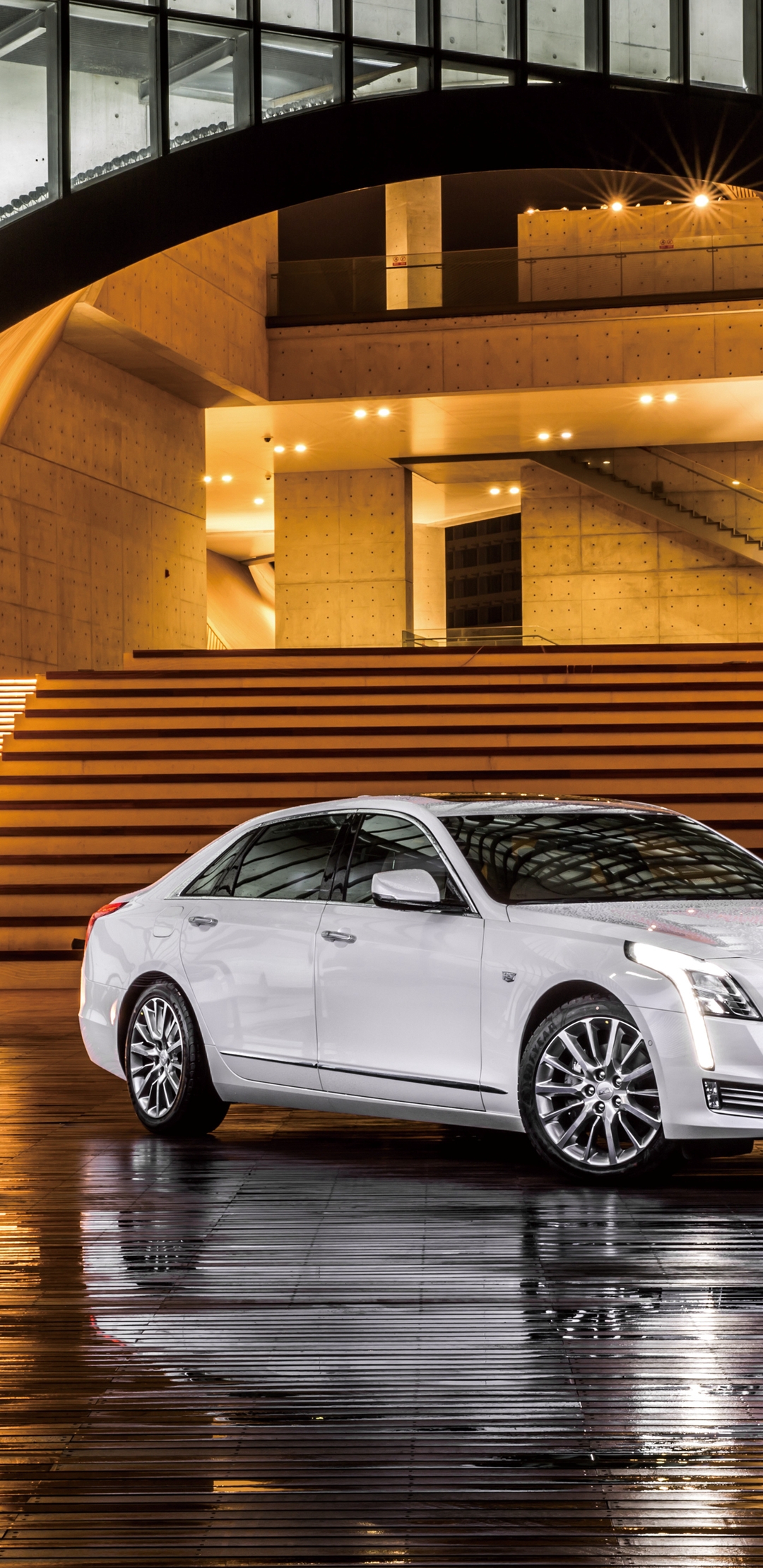 Image: Cadillac, CT6, auto, white, building, stairs, light, reflection, lighting