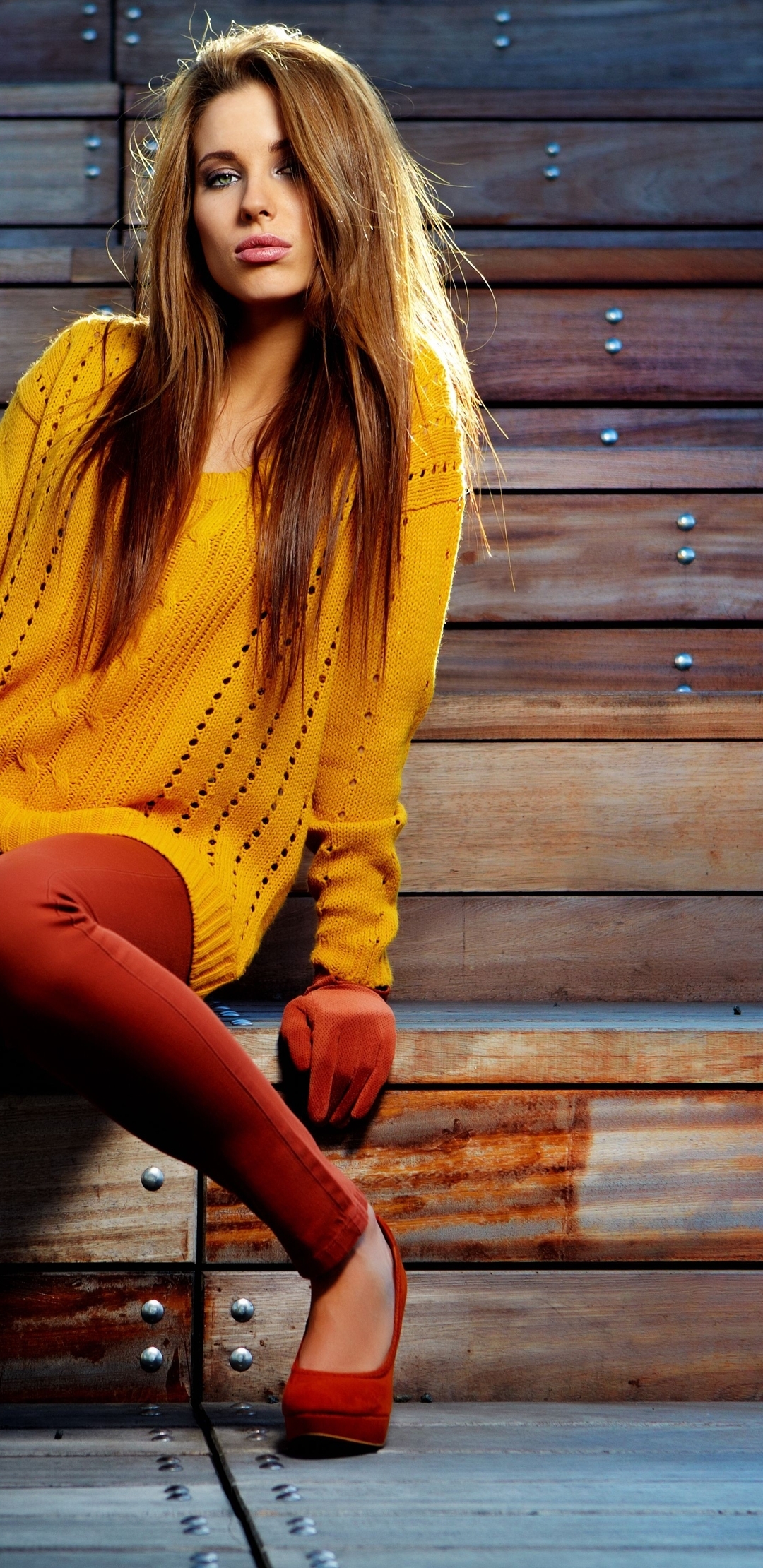 Image: Girl, light brown hair, posing, style, fashion, bright colors, shoes, jacket