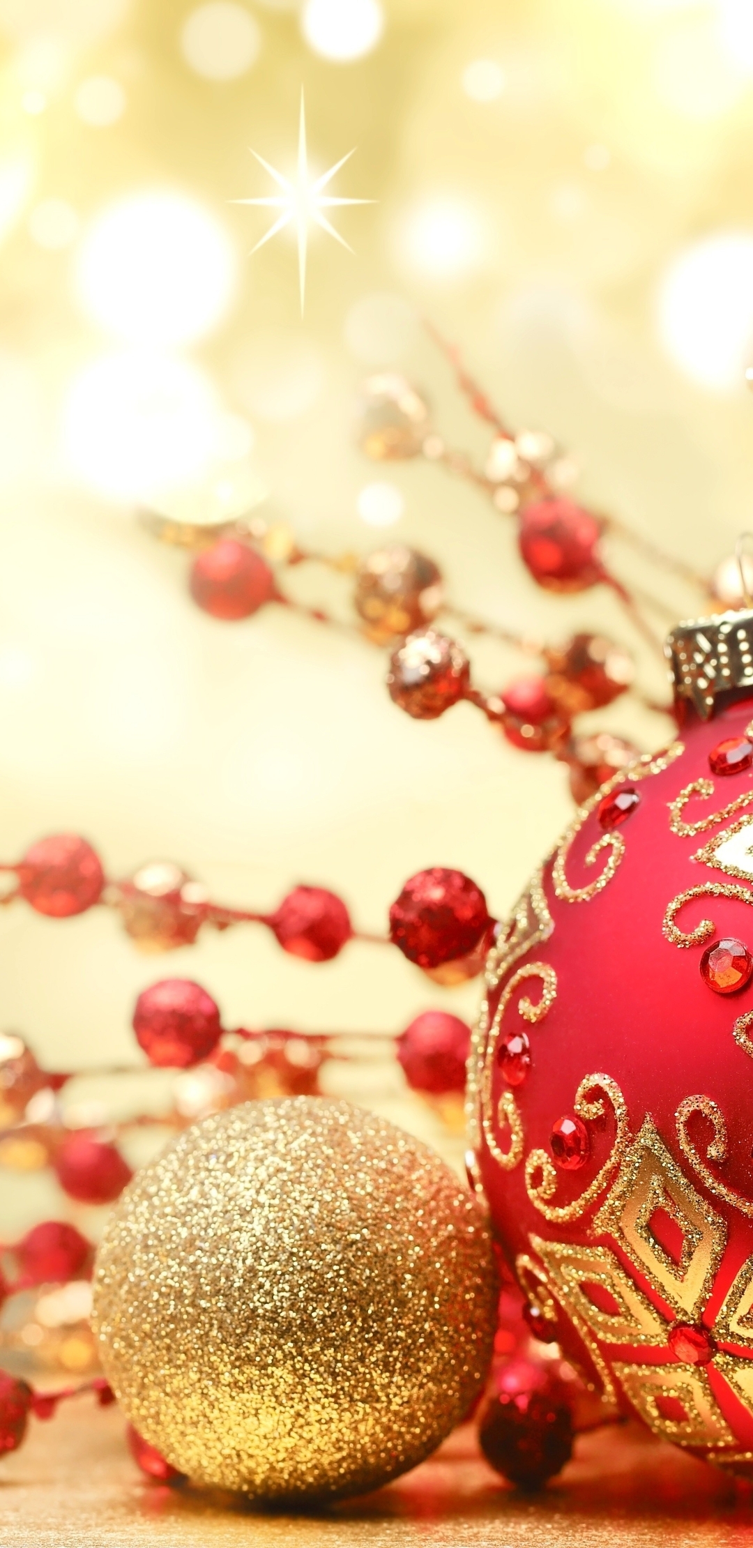 Картинка: Украшение, шары, новый год, игрушки, декор, красный, золотой, цвет