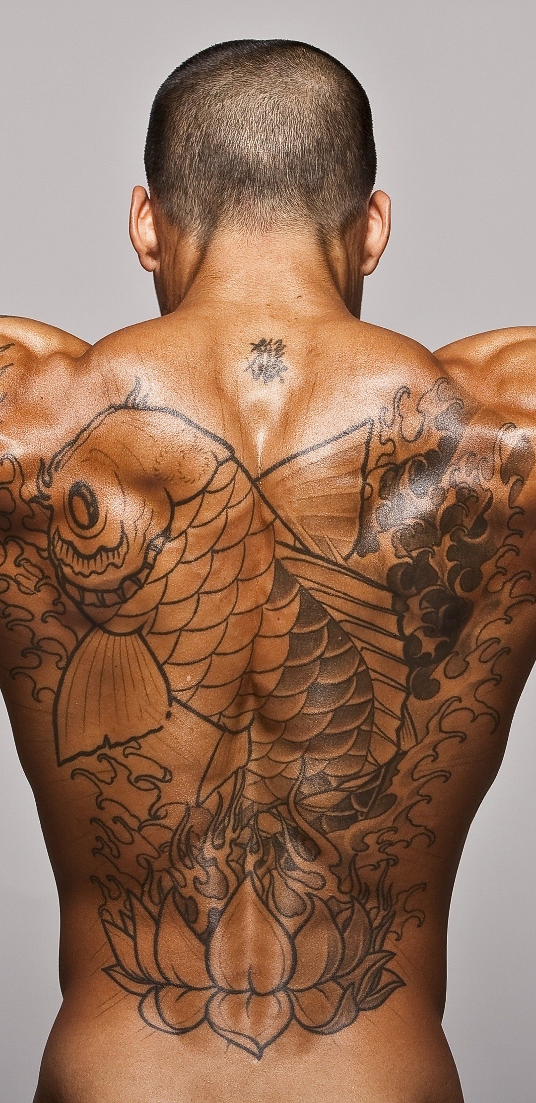 Image: Male, muscles, body, back, tattoo, Lotus, fish