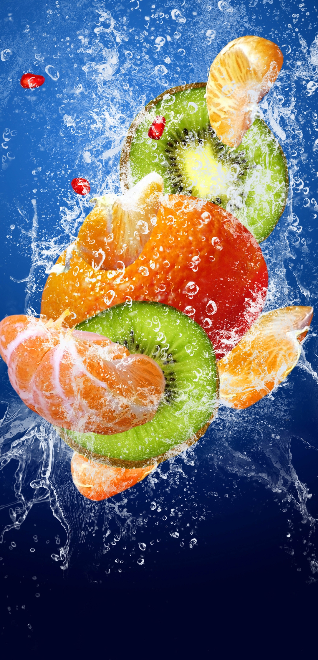 Картинка: Фрукты, дольки, киви, мандарин, апельсин, вода, брызги, погружение, синий фон