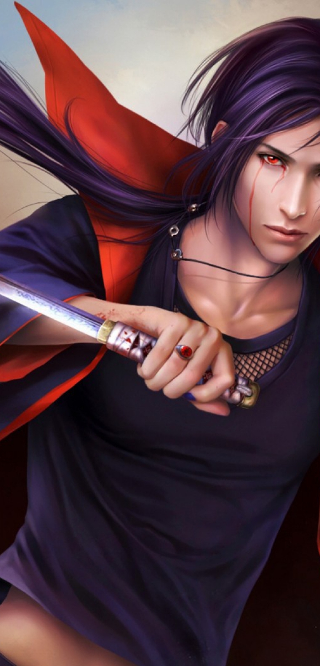Картинка: Итачи Учиха, меч, оружие, взгляд, плащ, волосы, перья, аниме, Наруто, перс, кровь, шиноби