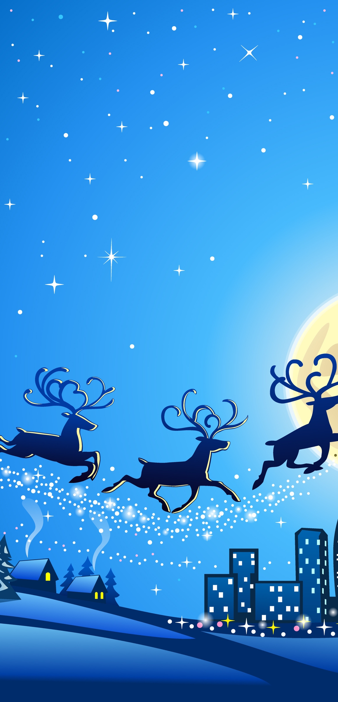 Картинка: Санта Клаус, олени, сани, ночь, луна, зима, рождество, город, деревья