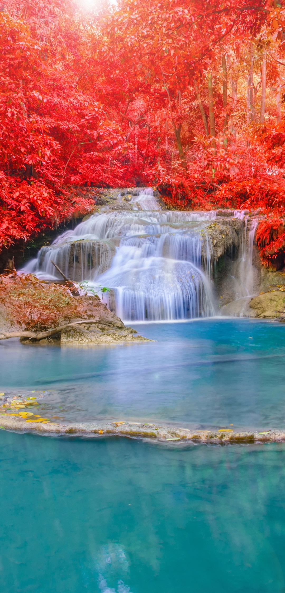 Картинка: Водопад, озеро, вода, деревья, красные, листва, осень, лес, камни