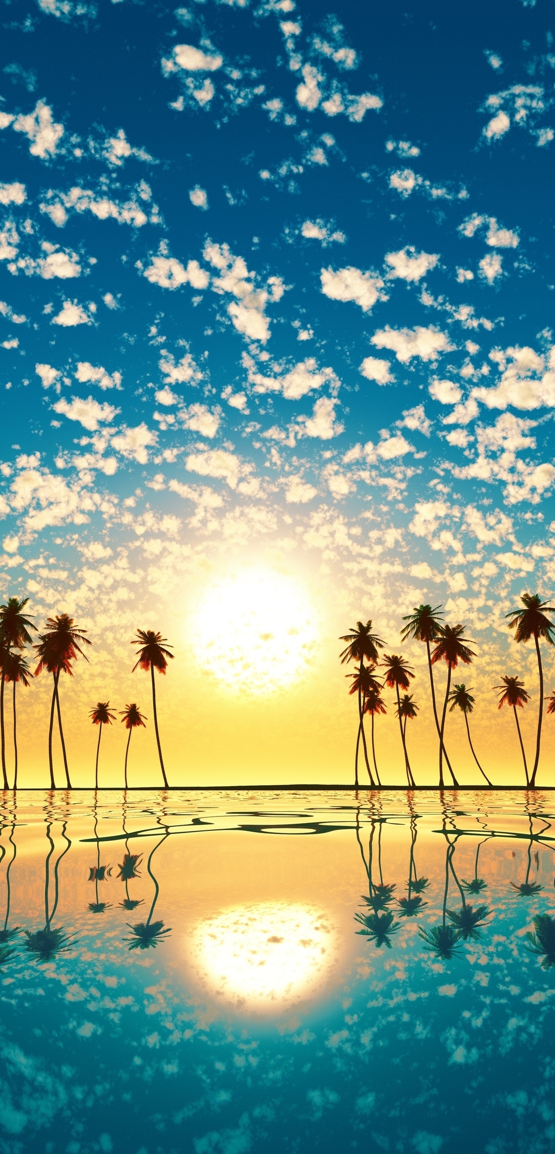 Картинка: Пейзаж, закат, солнце, небо, облака, остров, океан, пальмы, вода, отражение, горизонт