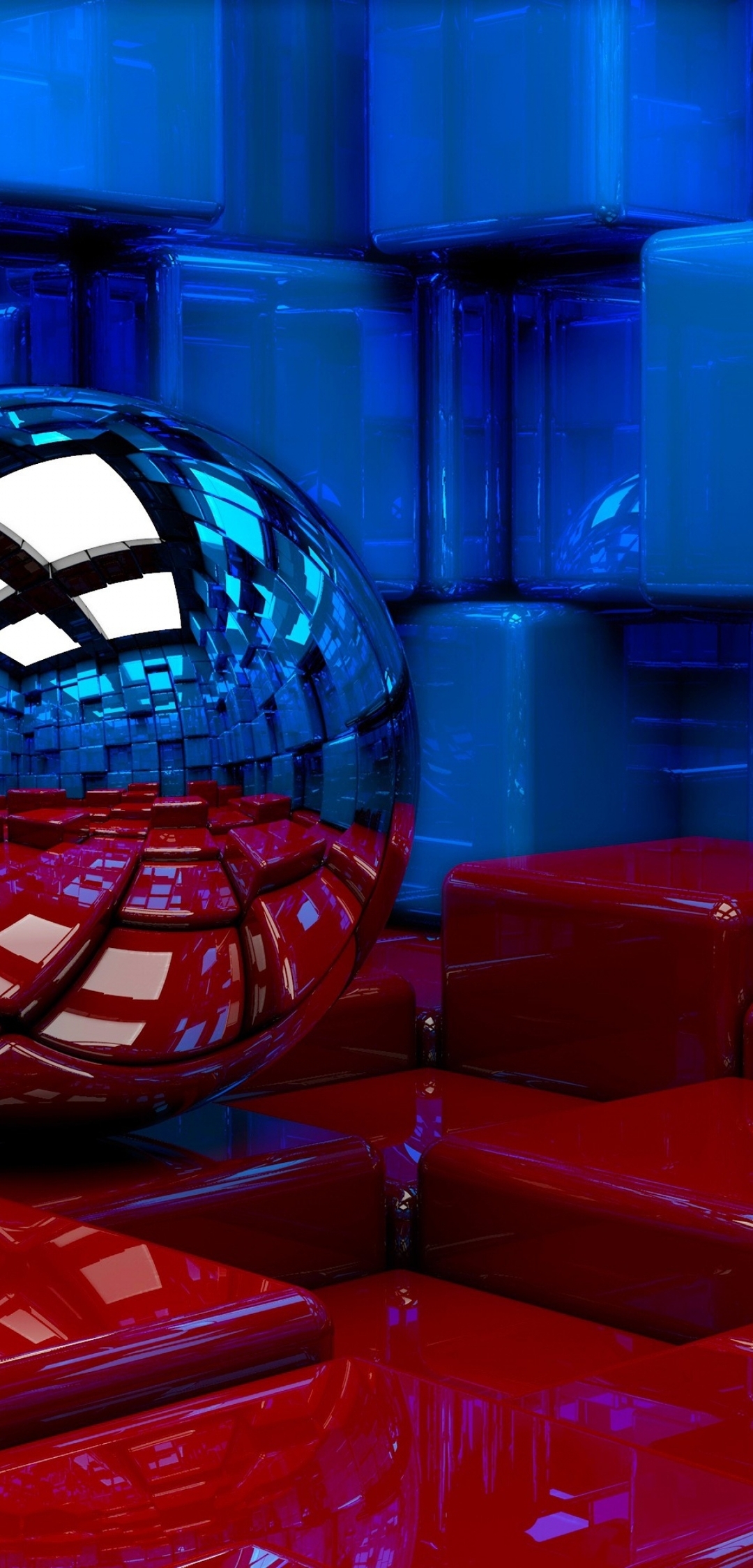 Картинка: Шар, сфера, кубы, отражение, комната, красный, синий