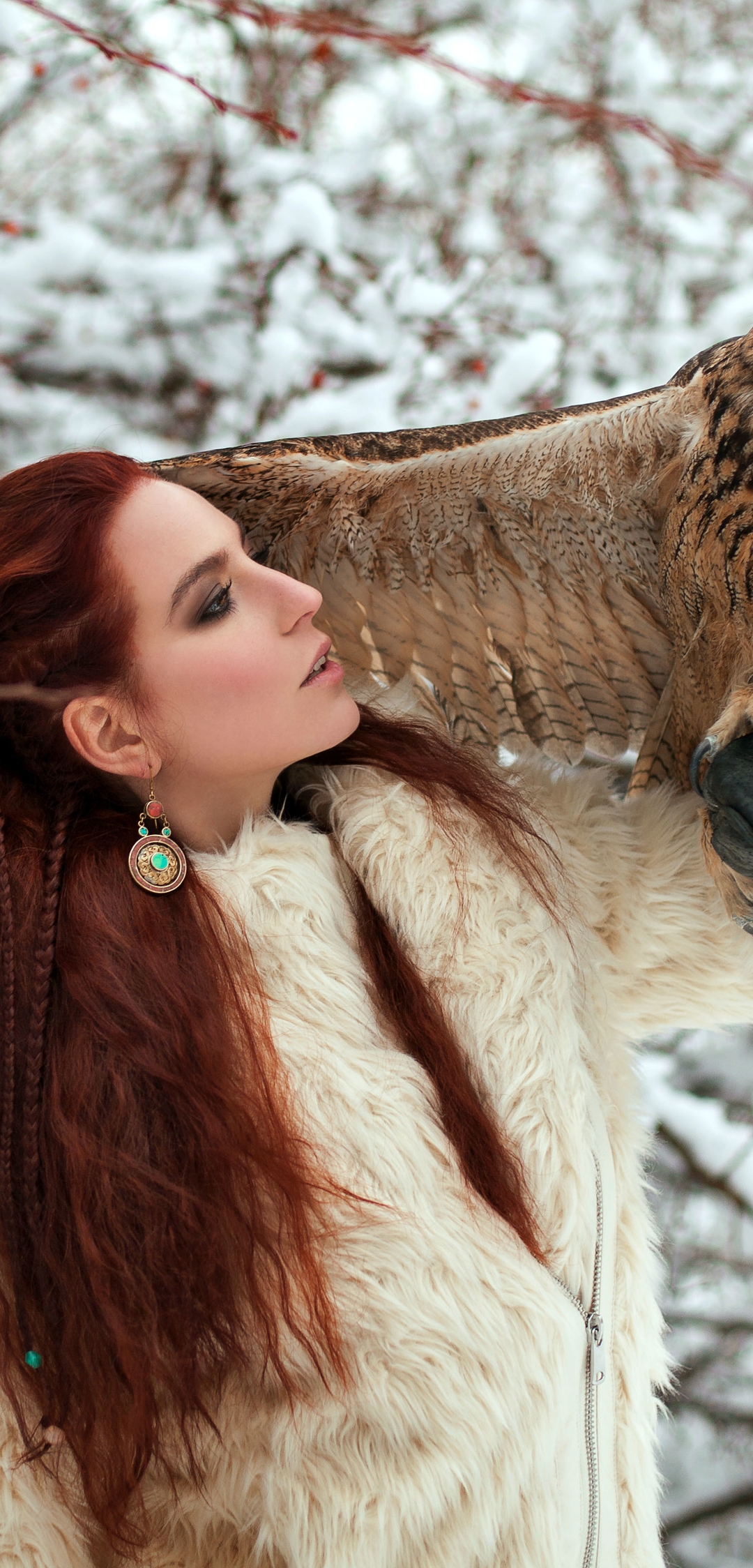 Image: Girl, red hair, glove, bird, long-eared owl, owl, wing, branches, winter