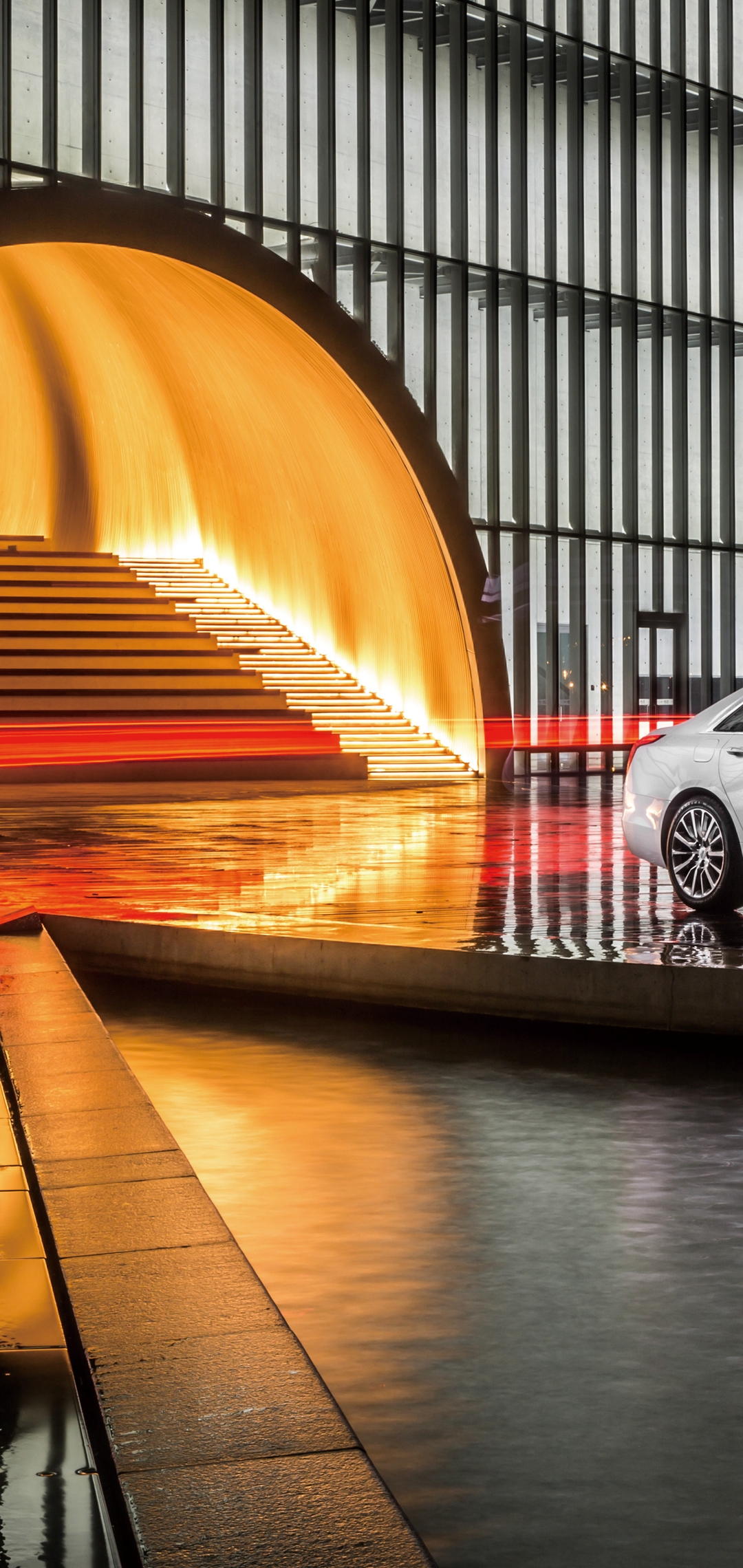 Image: Cadillac, CT6, auto, white, building, stairs, red, light, lights, reflection