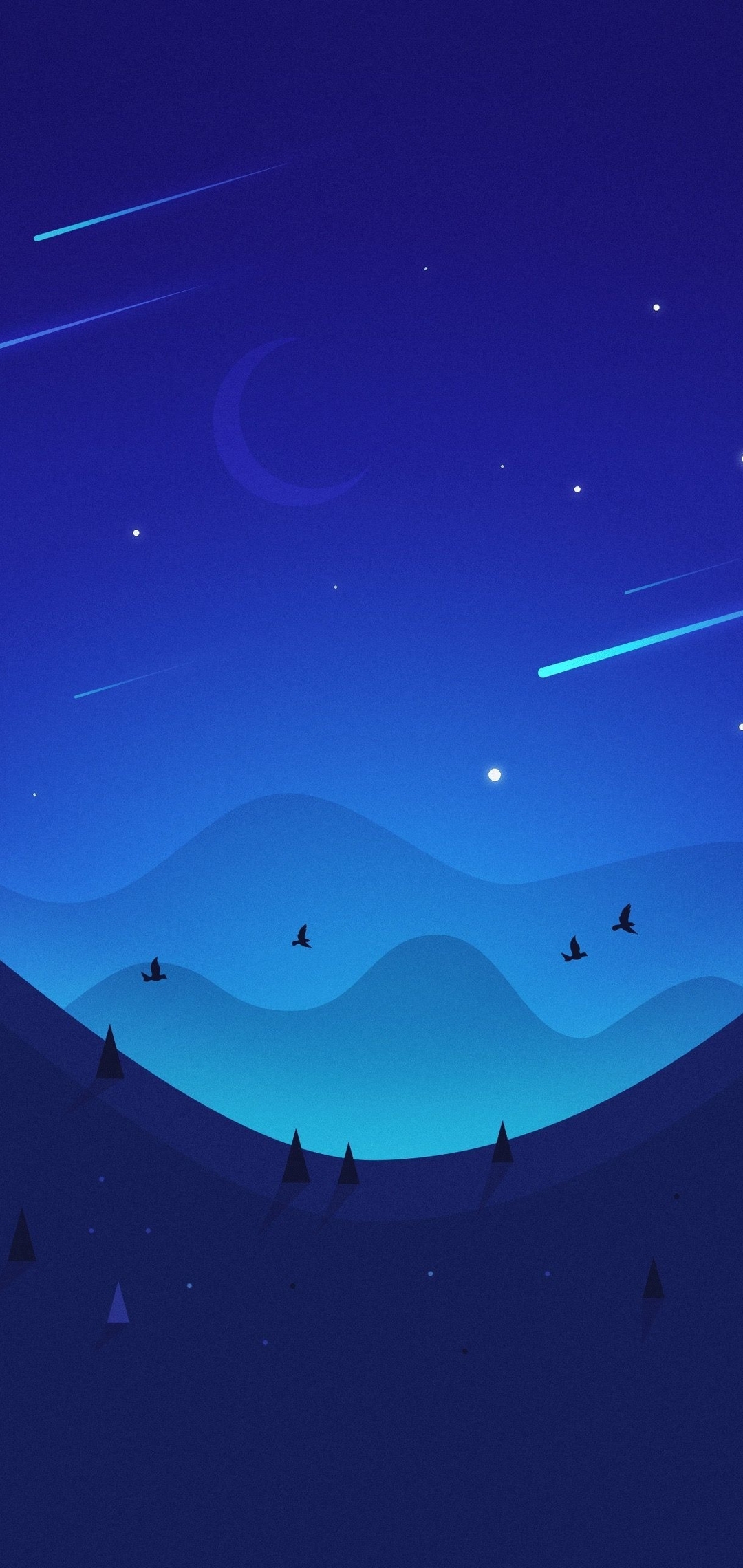 Image: Night, sky, stars, month, mountains, birds