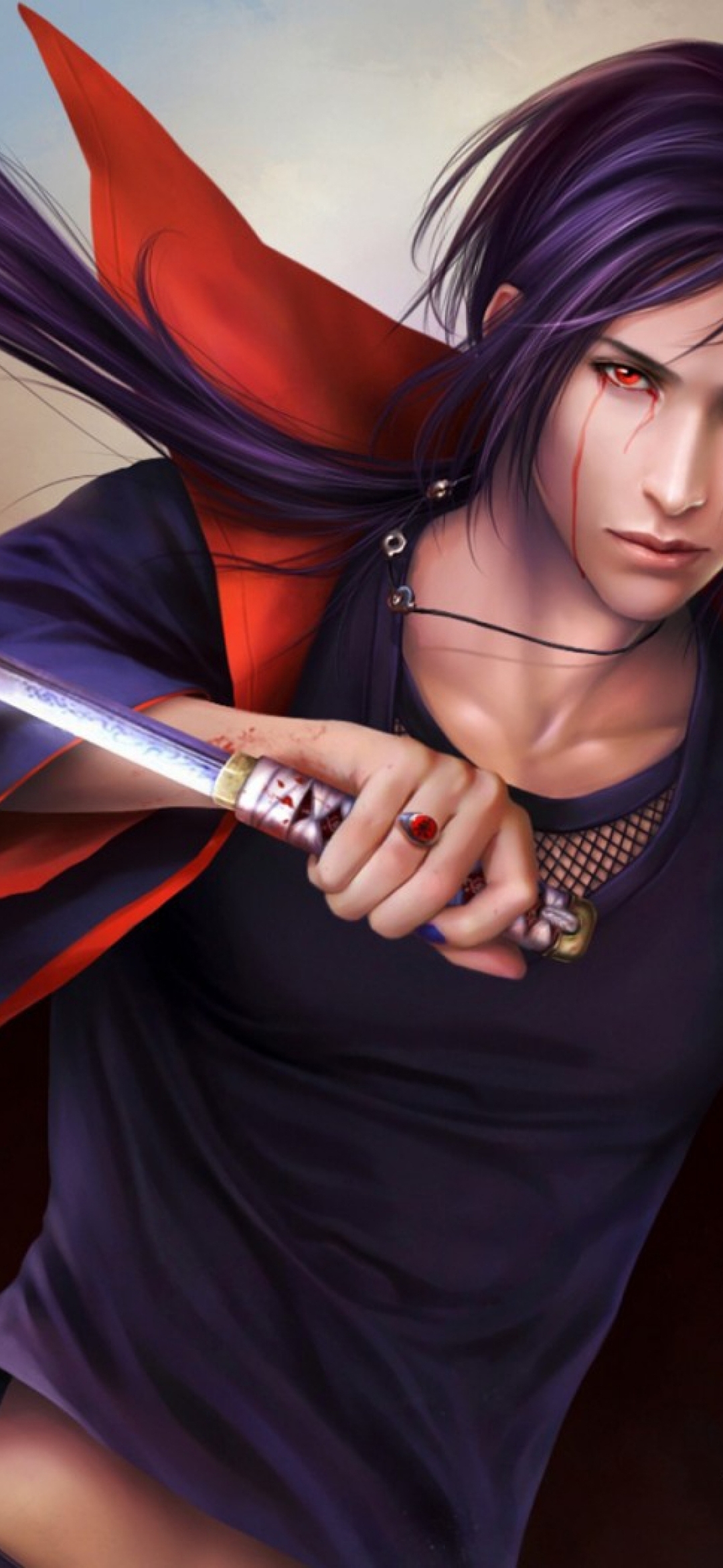Картинка: Итачи Учиха, меч, оружие, взгляд, плащ, волосы, перья, аниме, Наруто, перс, кровь, шиноби