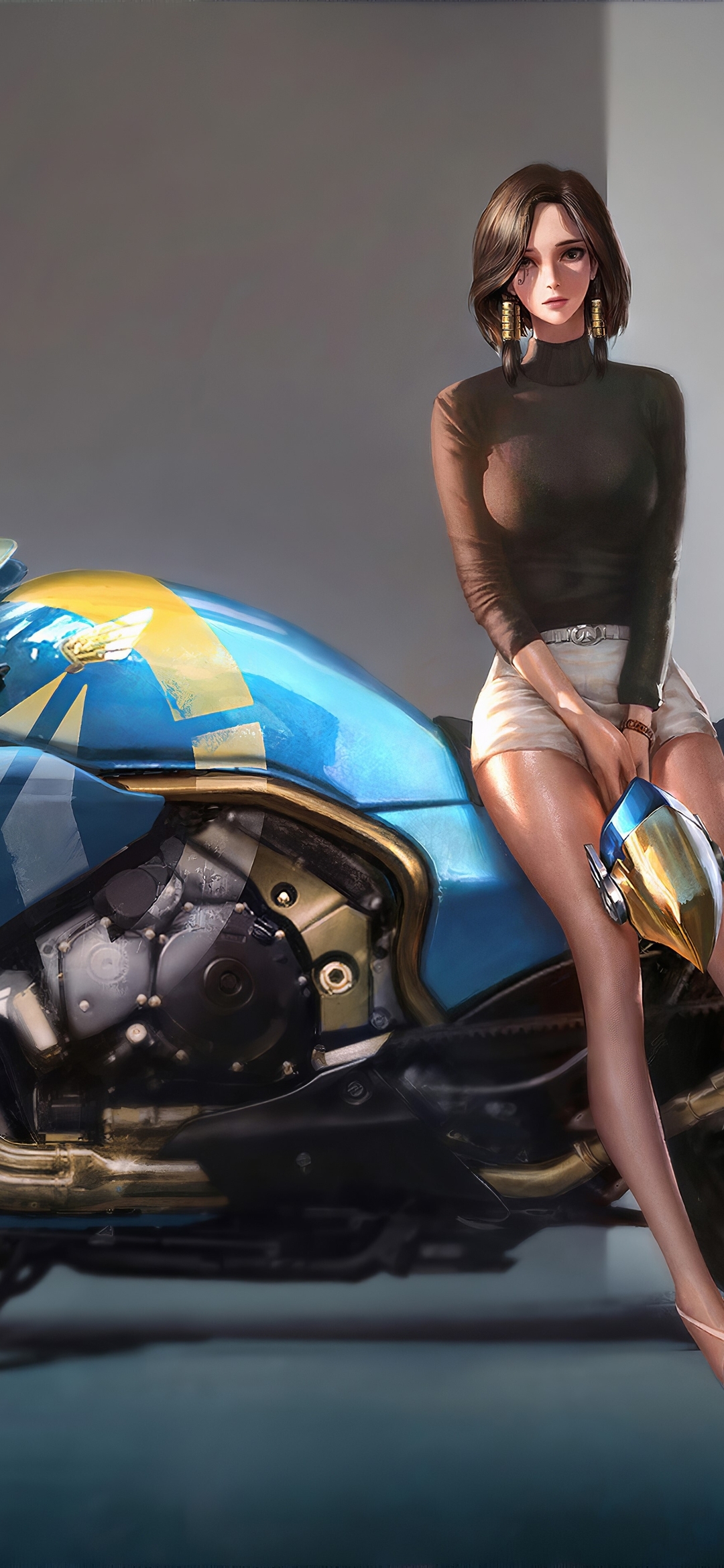 Картинка: Девушка, Pharah, игра, Overwatch, байк, фон, арт, ножки, шлем, взгляд