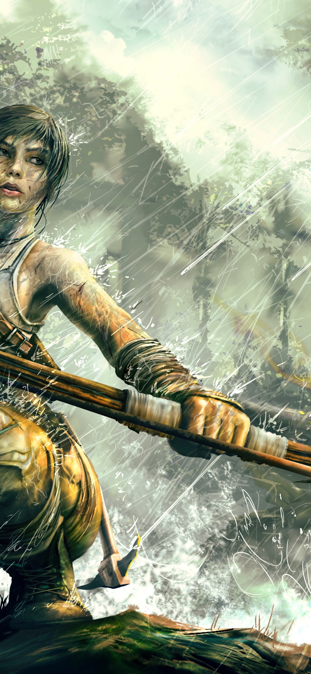Image: Rise of the Tomb Raider, Lara Croft, wolf, rain, bow, arrows