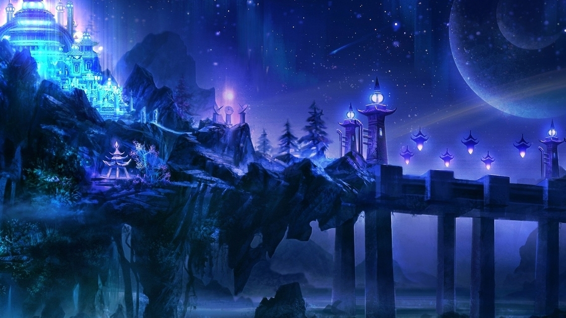 Image: Castle, building, rocks, bridge, lanterns, lights, night, stars