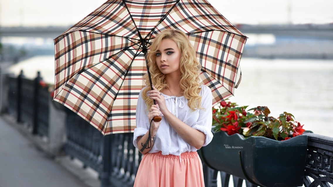 Image: Girl, blonde, umbrella, flowers, bridge, railing, Maks Romanov