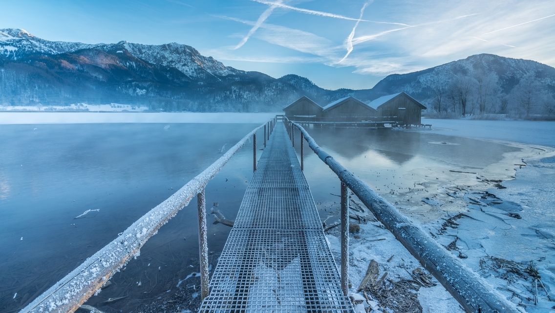 Картинка: природа, озеро, мостик, горы, зима, снег, лед