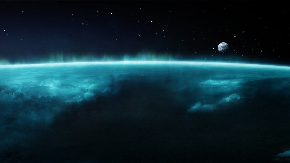 Image: Space, Earth, satellite, Moon, clouds, atmosphere, stars, glow