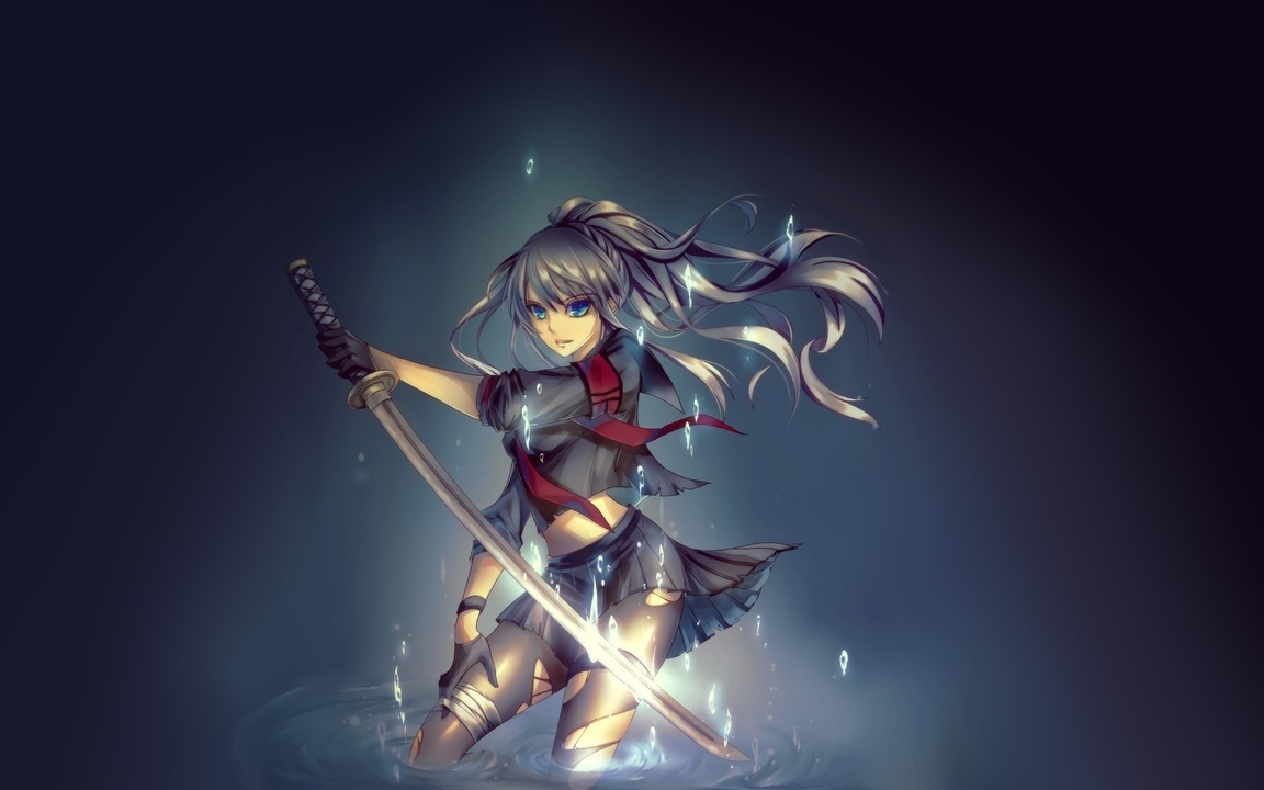 Image: Girl, form, bandage, blue eyes, hair, katana, sword, water, drops