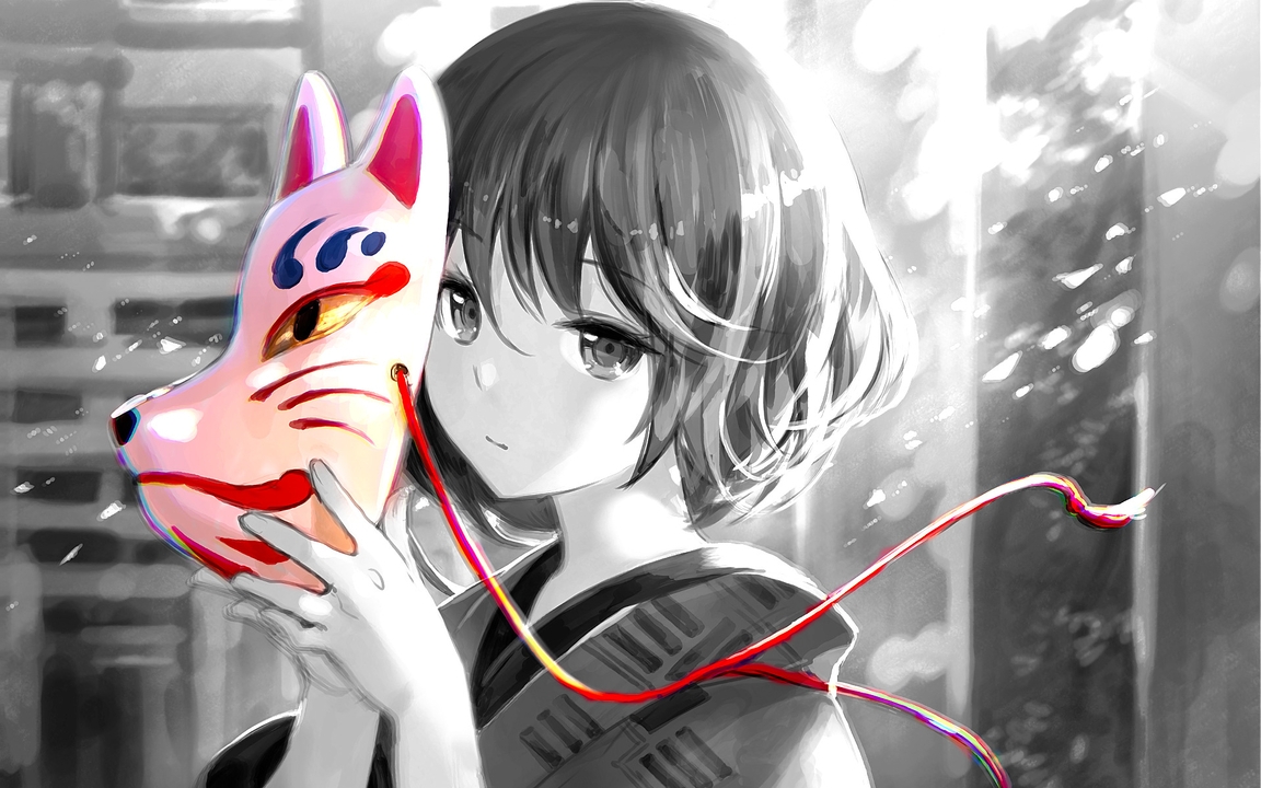 Image: Girl, anime, face, eyes, mask, fox