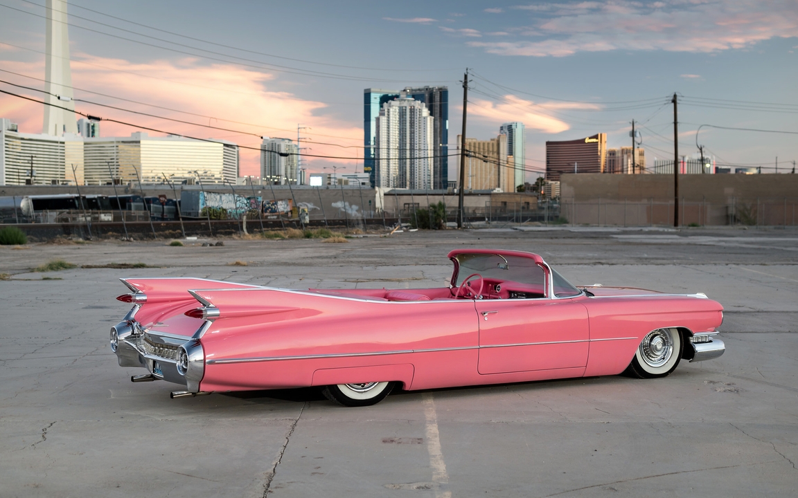Image: Car, Convertible Cadillac, convertible, retro, 1959, pink, coral, city
