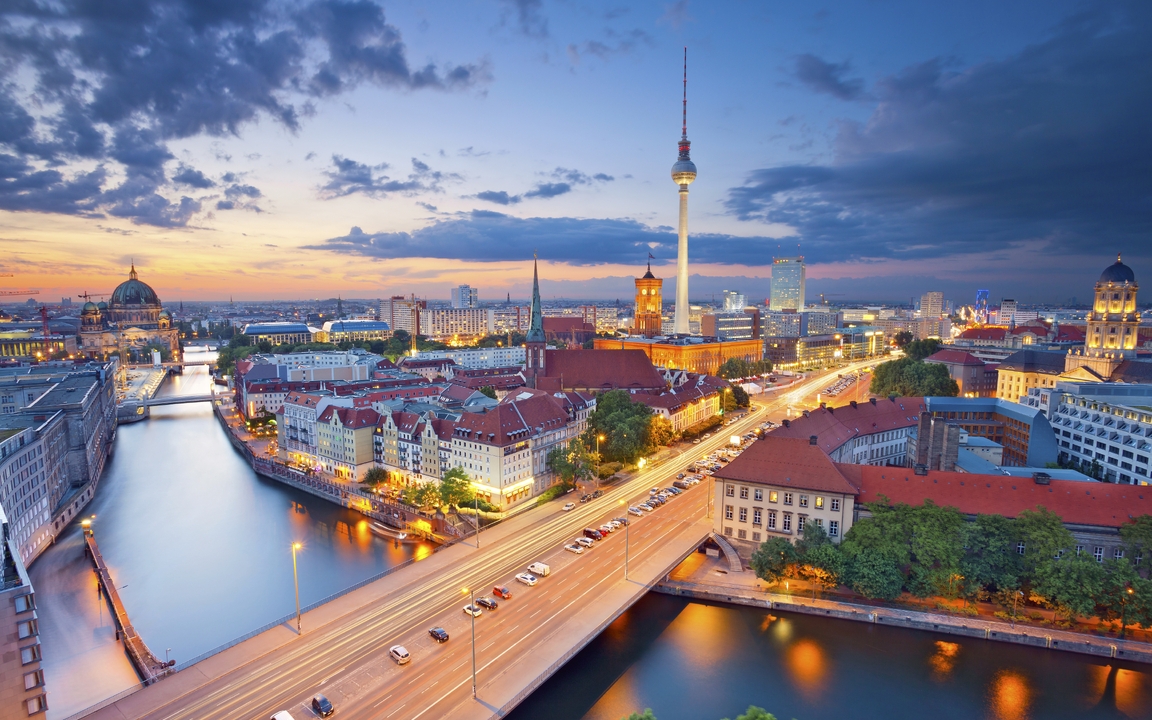 Image: City, Berlin, Germany, night, river, view, lights, road