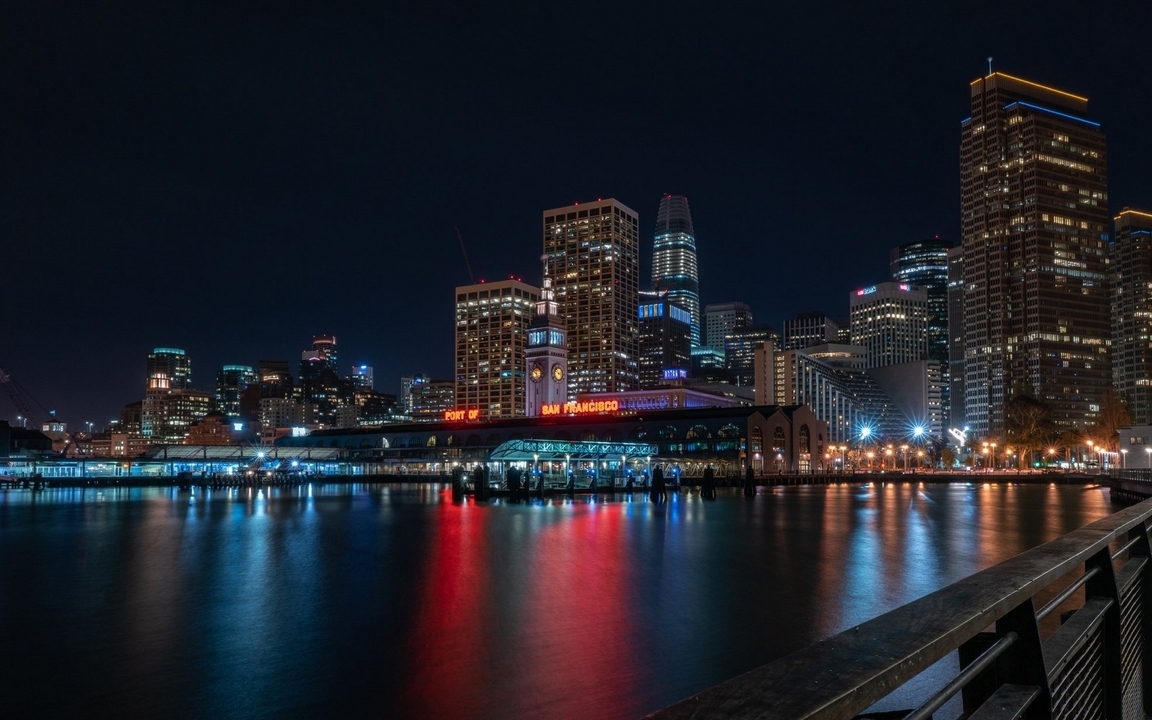 Image: City, night, skyscrapers, port, San Francisco, Port of San Francisco, river, lights