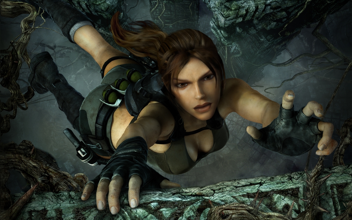 Image: Lara Croft, game, Tomb Raider: Underworld, grip, bench, hanging, guns, abyss