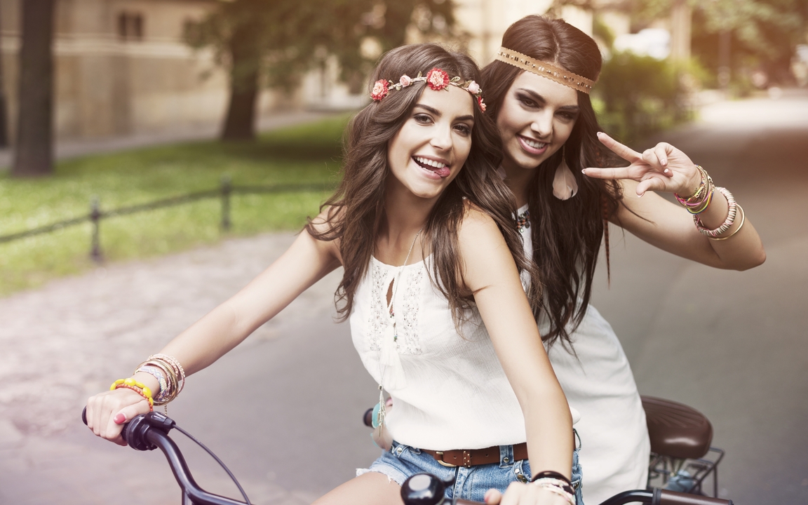 Image: Girl, bike, couple, two, ride, posing, goofing around