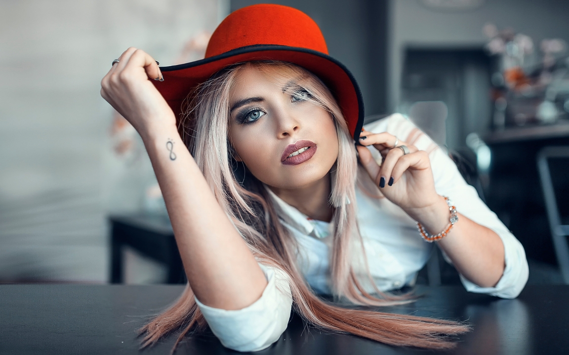 Image: Girl, blonde, makeup, face, hat, tattoo, infinity, bracelet