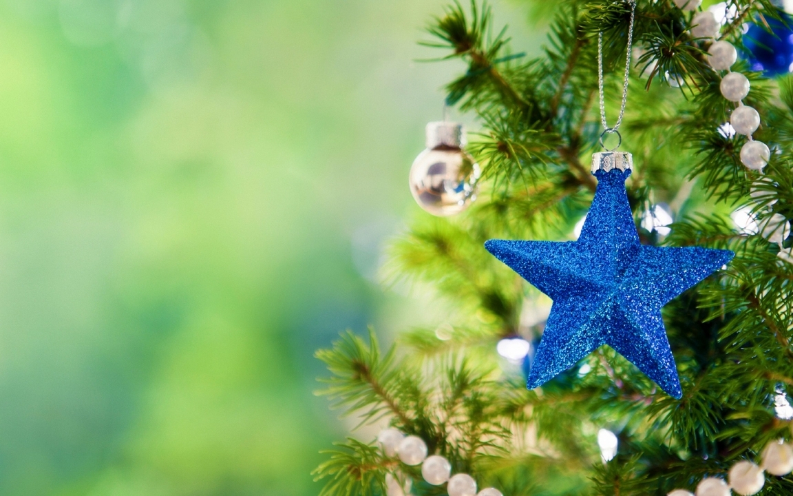 Image: Blue star, needles, spruce, beads, balls, decoration