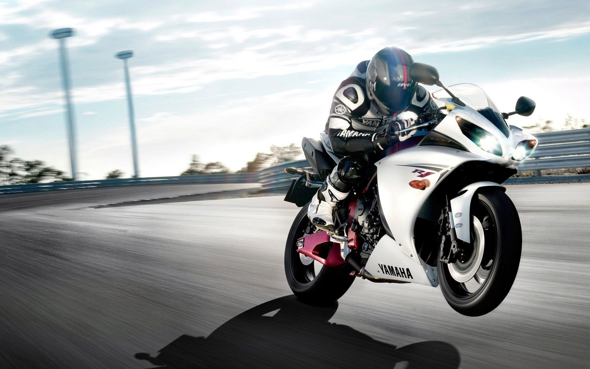 Image: Yamaha, bike, driver, biker, speed, turn, road, sky