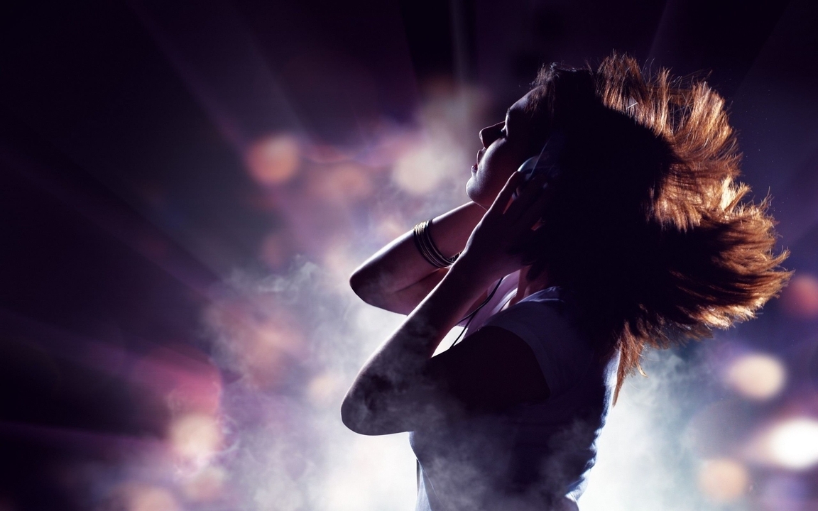 Image: Girl, dance, music, hair, headphones, smoke, rays, light