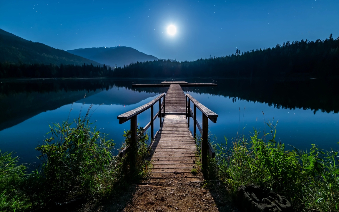 Image: Landscape, bridge, pier, railings, lake, night, light, moon, illumination, sky, stars, mountains, forest, grass, land