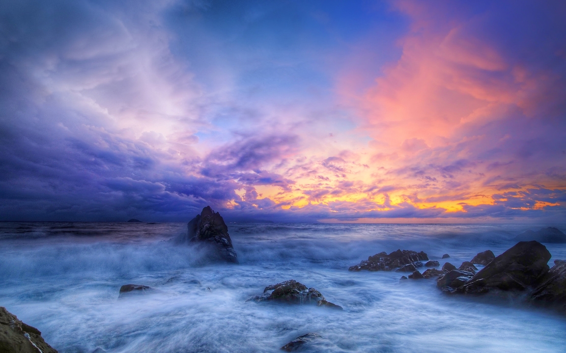 Картинка: море, океан, волны, скалы, небо, облака, закат, рассвет, красивый пейзаж