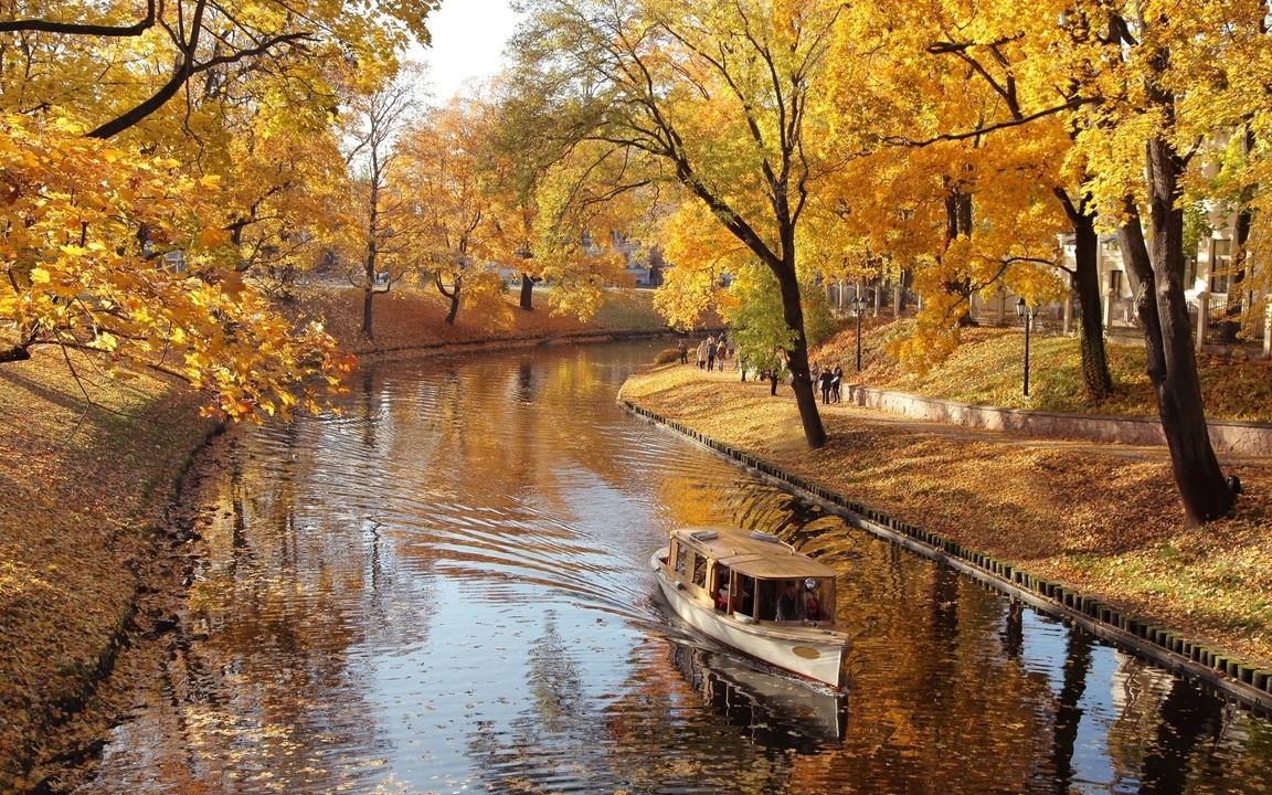 Image: Autumn, river, water, boat, park, leaves, yellow