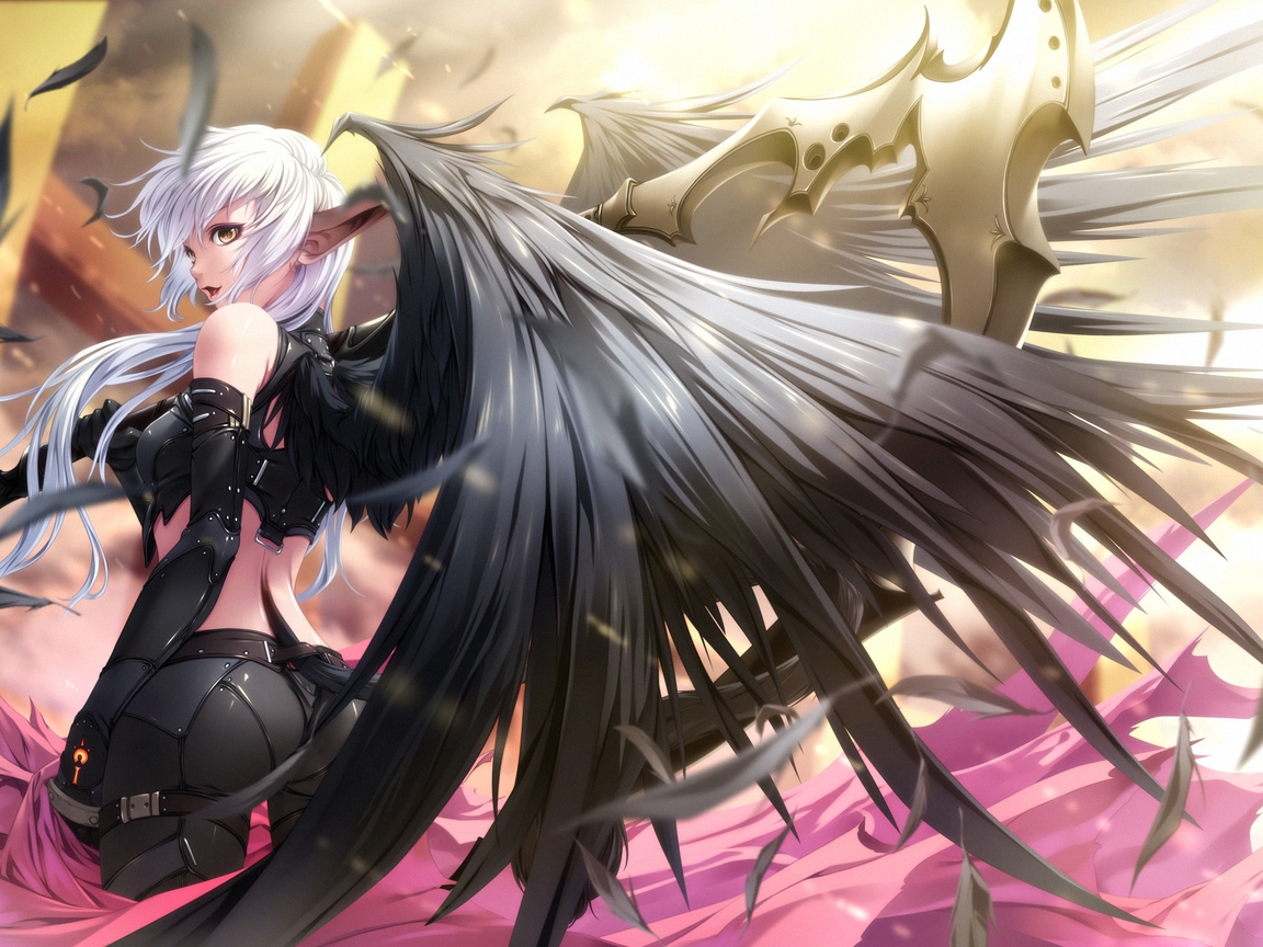 Image: Girl, wings, feathers, back, gear, weapons, scythe, look, white hair, cloak