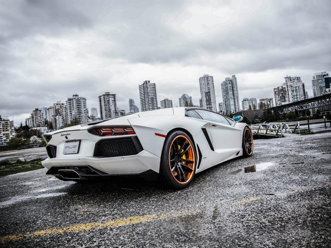 Image: Supercar, Lamborghini, Aventador, wheels, white, sky, city