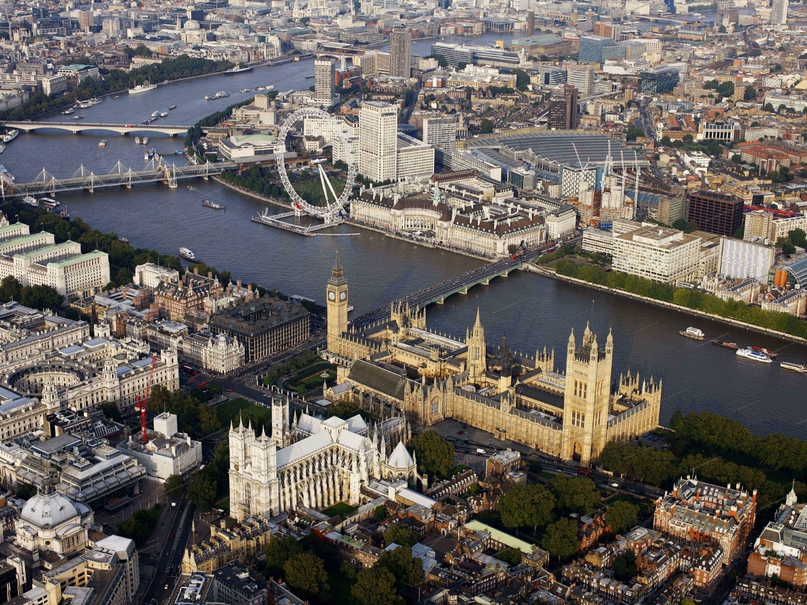 Картинка: London, Big Ben, Вестминстерское аббатство, колесо, река, мосты, вид, здания, корабли