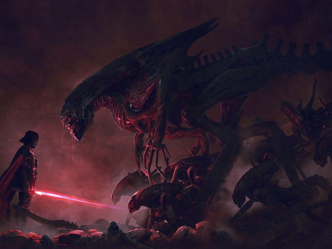 Картинка: Vader Vs Aliens, Дарт Вейдер, Чужие, противостояние, битва, меч, арт, свет, туман