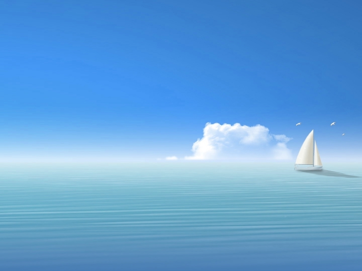 Картинка: Море, океан, облако, небо, горизонт, лодка, кораблик, паруса, птицы