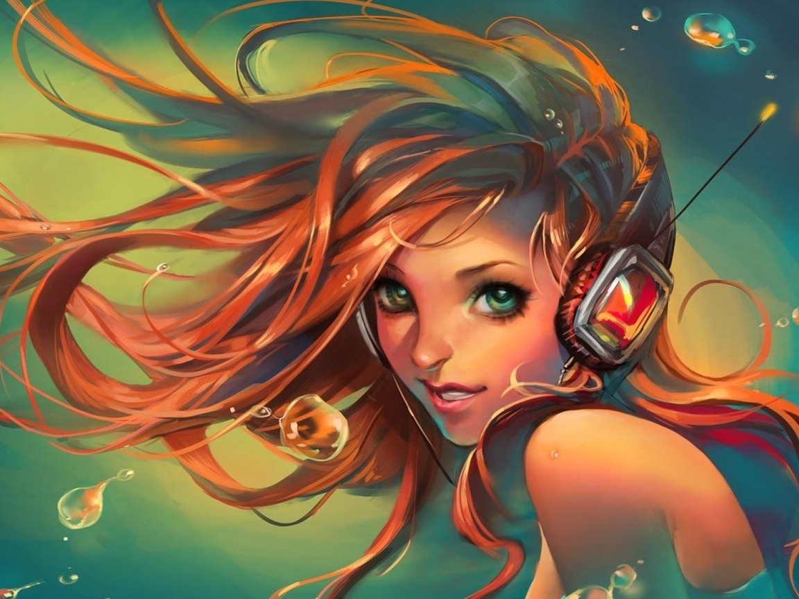 Image: Girl, mermaid, headphones, listening, long hair, water, bubbles, pattern