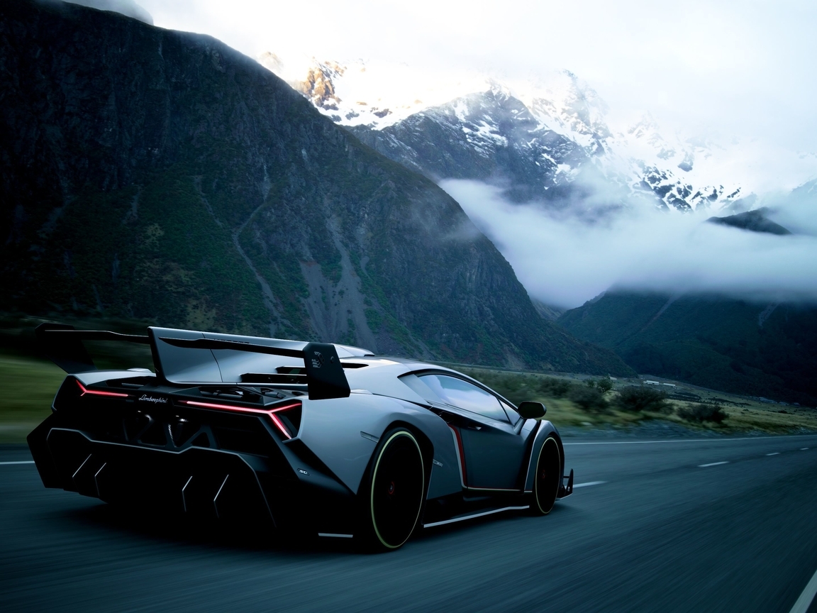 Картинка: Lamborghini, Veneno, Gran Turismo, пейзаж, облака, горы, дорога, скорость