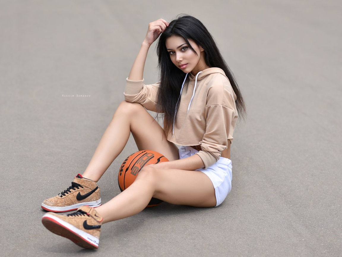 Image: Brunette, girl, sitting, shorts, beautiful, hair, sneakers, brand, ball, basketball, asphalt, Maksim Romanov