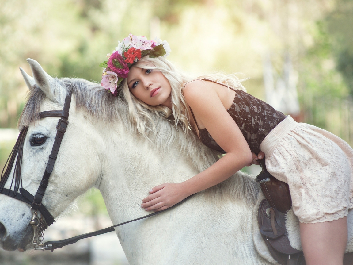 Image: Girl, blonde, riding, horse, animal, profile, white, wreath, harness