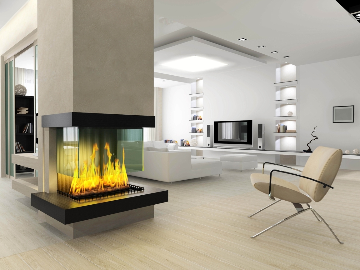 Картинка: Камин, огонь, пламя, кресло, светло, комната, телевизор
